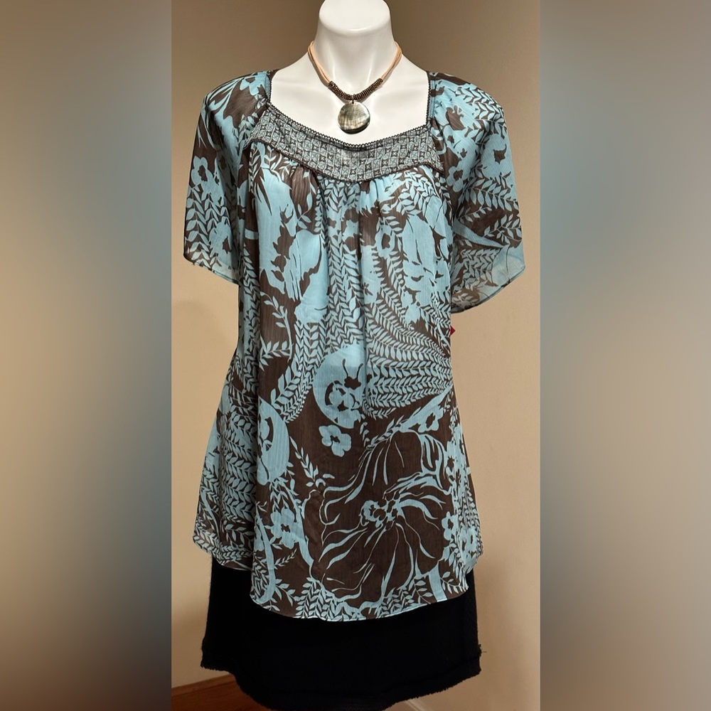 Lane Bryant Blue & Brown Sheer Floral Leave Print Square Neckline SZ  22…No Belt